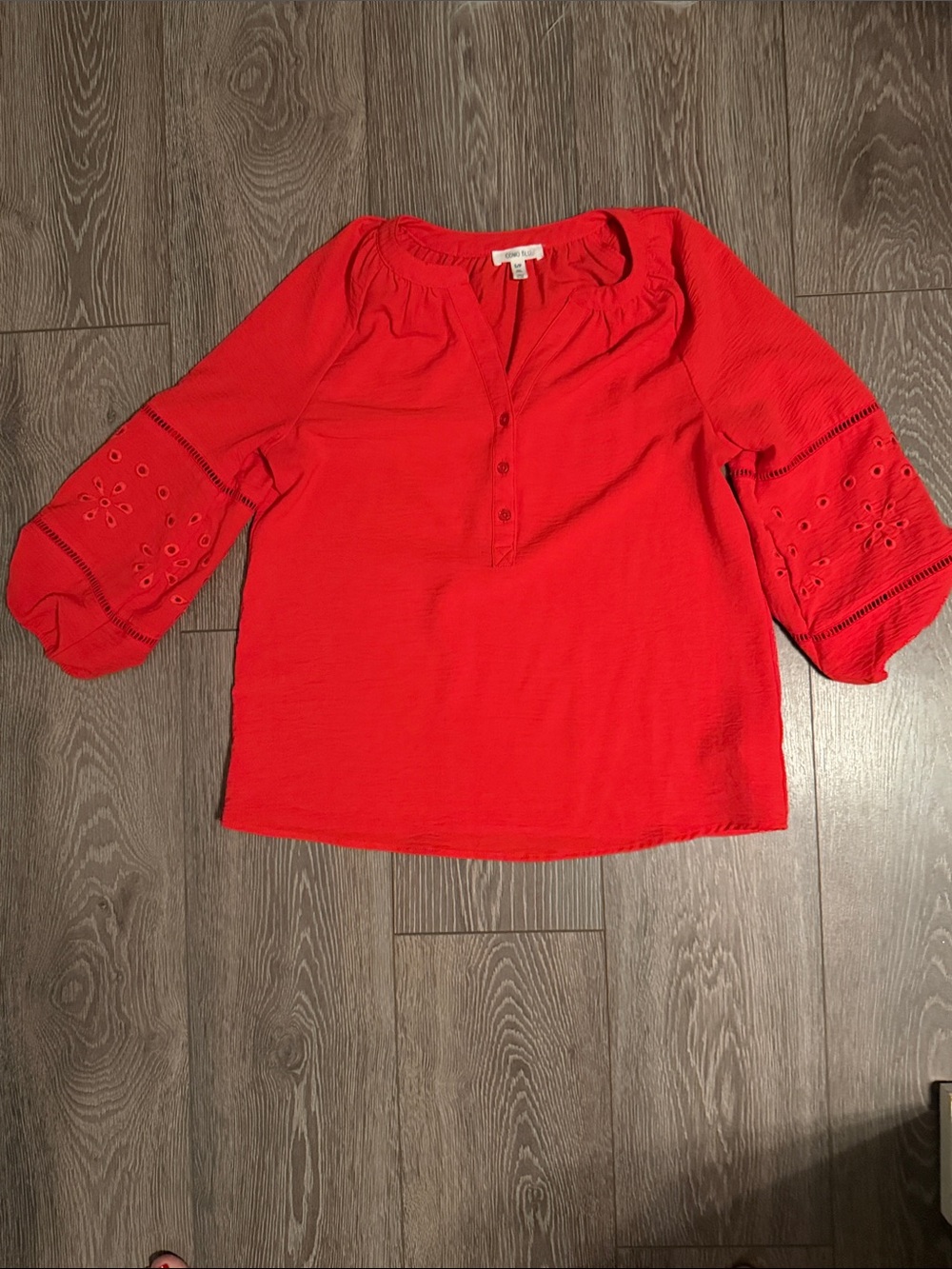 Bright Red Women's Peasant Blouse with Eyelet Sleeve Detail